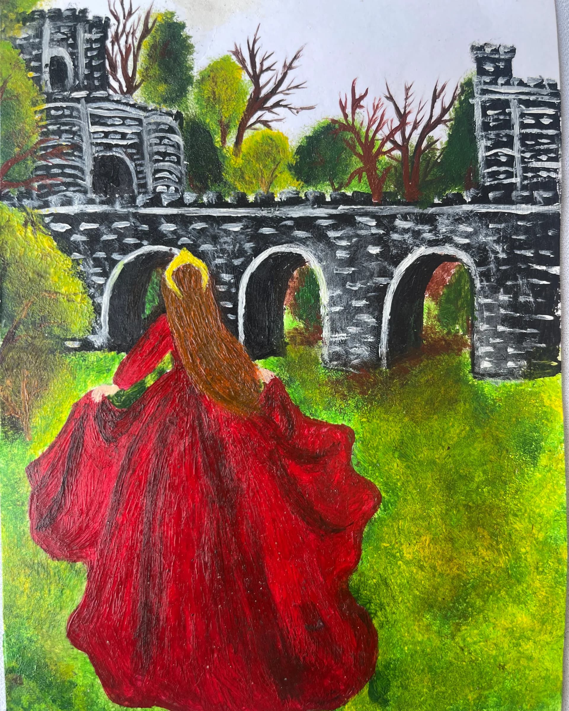 Hand-painted landscape featuring a woman in a flowing red dress approaching an old stone bridge and historic ruins surrounded by green trees and grass by Ammama Sketch.