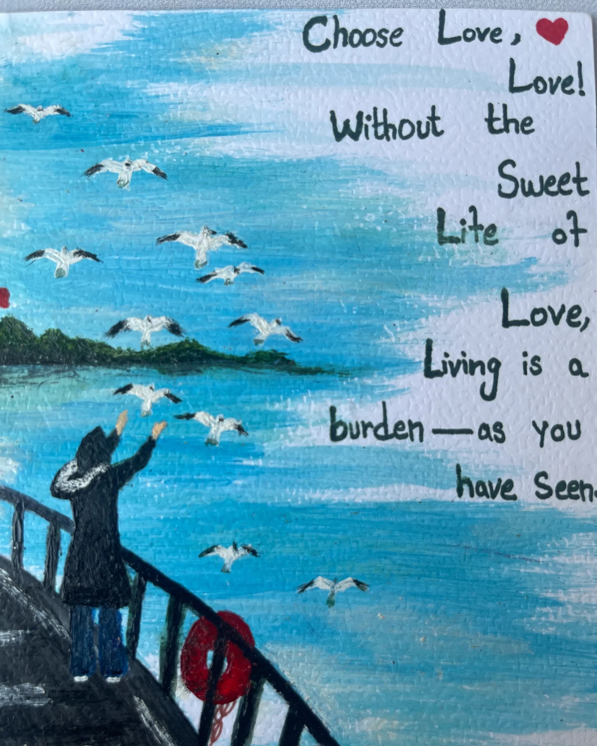 Hand-painted conceptual artwork showing a person climbing a ladder toward an open blue sky filled with birds, with handwritten words about love, life, and burden by Ammama Sketch.