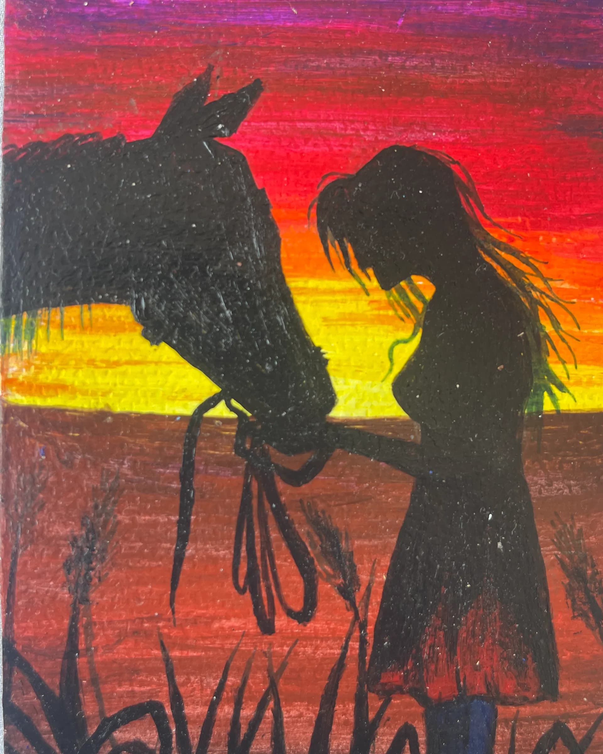 Hand-painted silhouette artwork of a girl gently holding a horse at sunset, with vivid red, orange, yellow, and purple tones by Ammama Sketch.