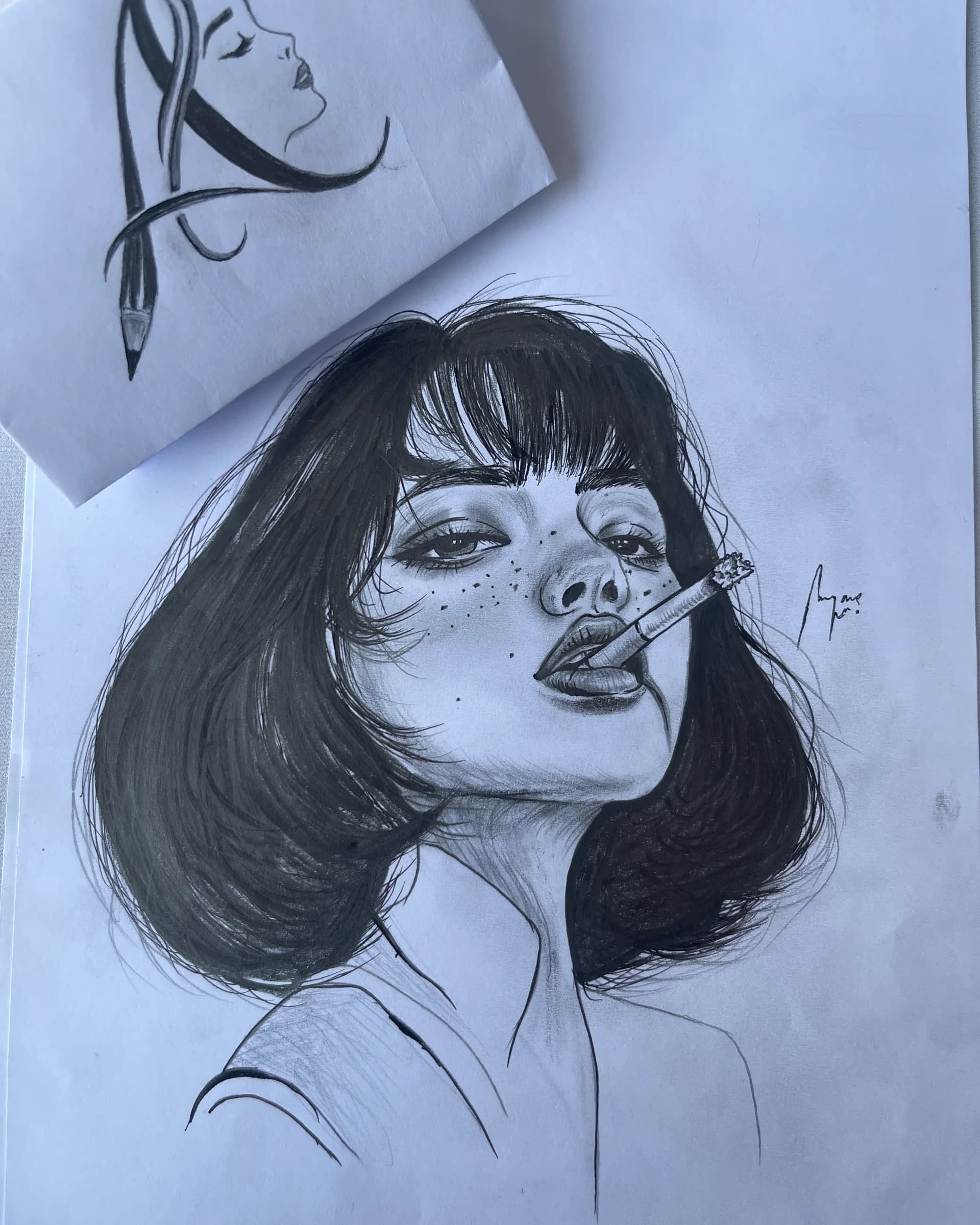 Hand-drawn graphite character portrait of a woman with a short bob haircut, freckles, expressive eyes, and a cigarette, illustrated by Ammama Sketch.