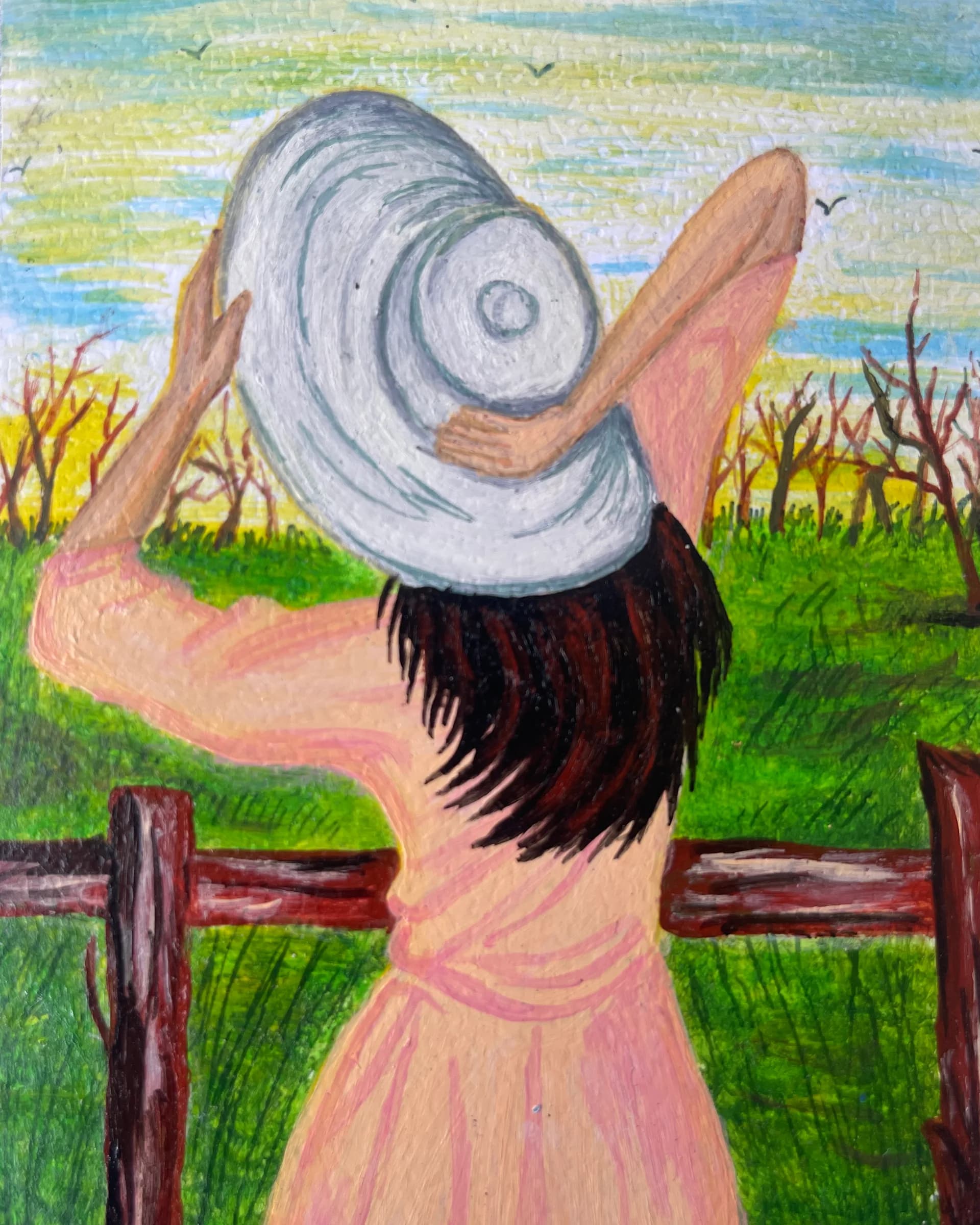 Hand-painted countryside scene featuring a woman in a peach dress and wide-brim hat standing by a wooden fence with green fields, trees, birds, and a bright sky by Ammama Sketch.