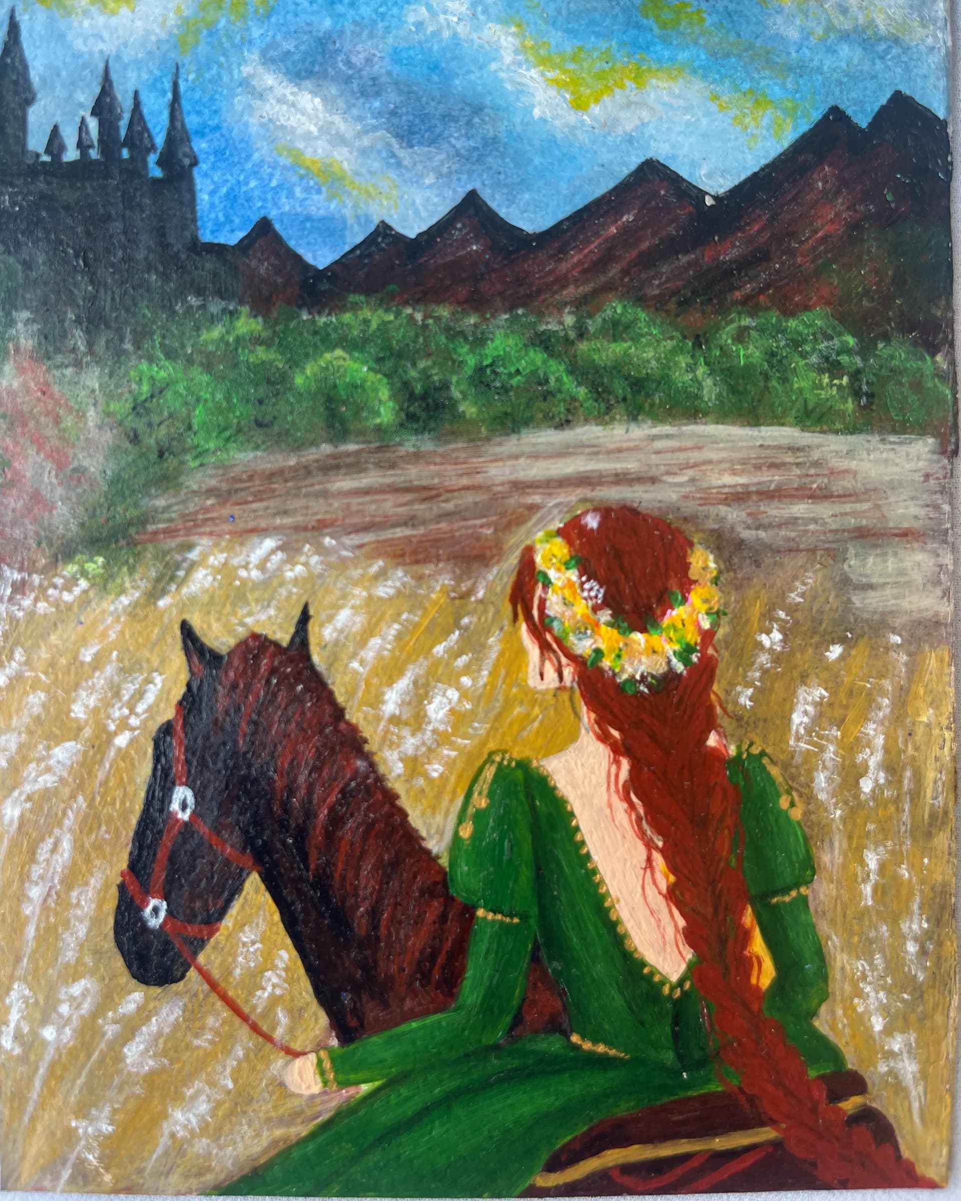 Hand-painted rural scene featuring a woman in traditional green dress walking beside a horse, with mountains, trees, village houses, and a blue sky by Ammama Sketch.