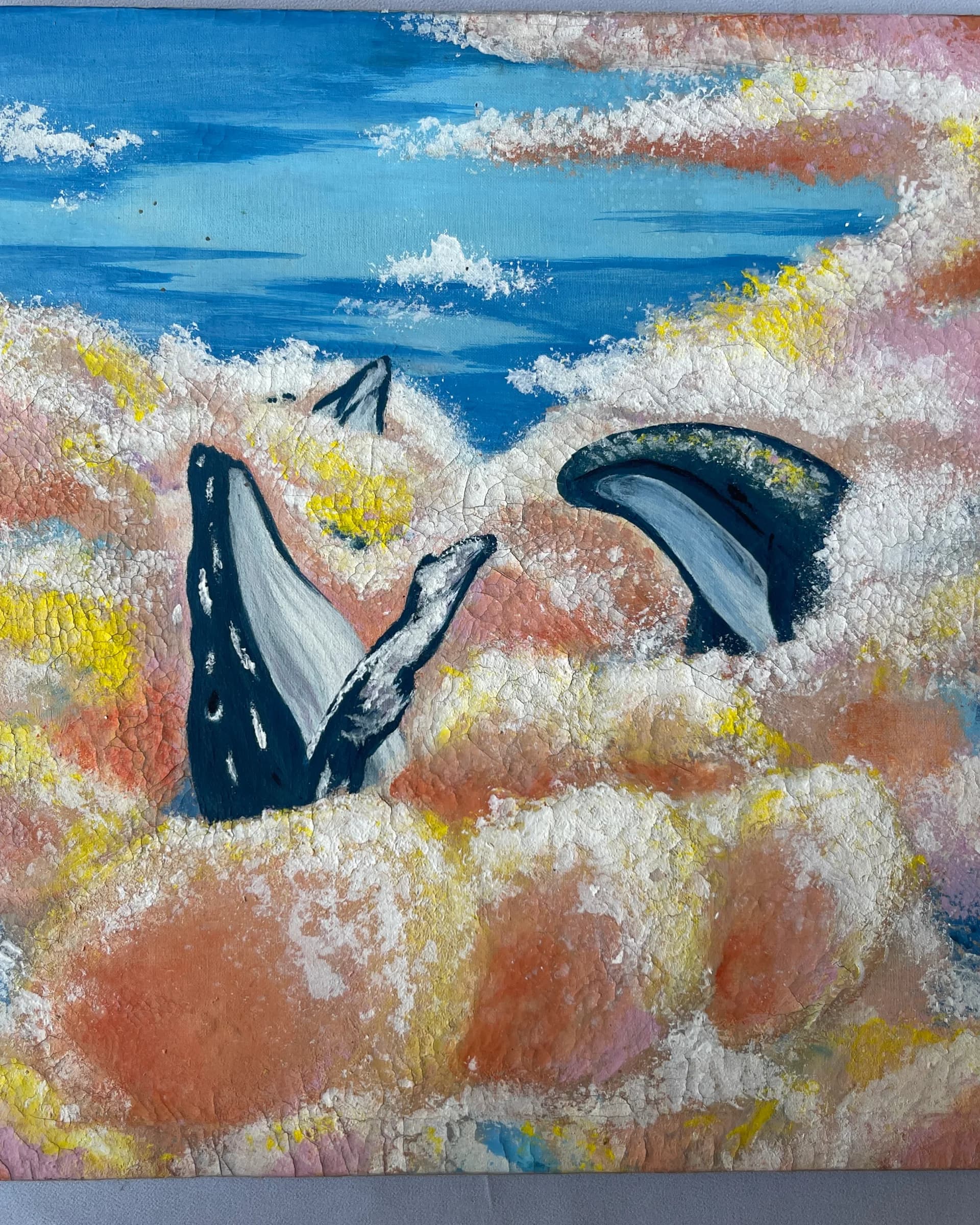 Hand-painted surreal artwork featuring floating high-heeled shoes above blue water, set against a textured peach, white, yellow, and blue background by Ammama Sketch.