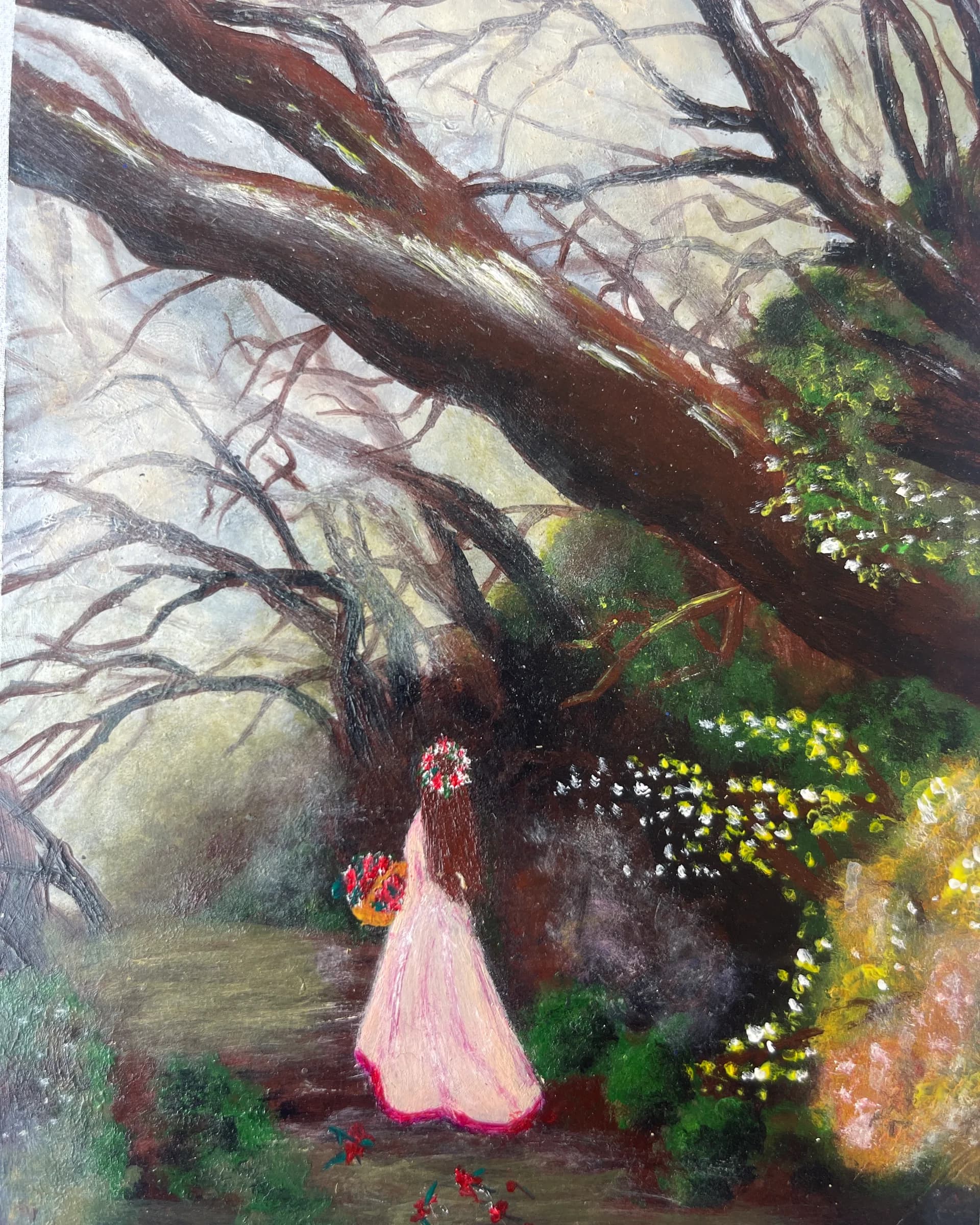 Hand-painted nature scene featuring a woman in a pink dress carrying flowers beneath large trees and surrounded by greenery and blossoms by Ammama Sketch.