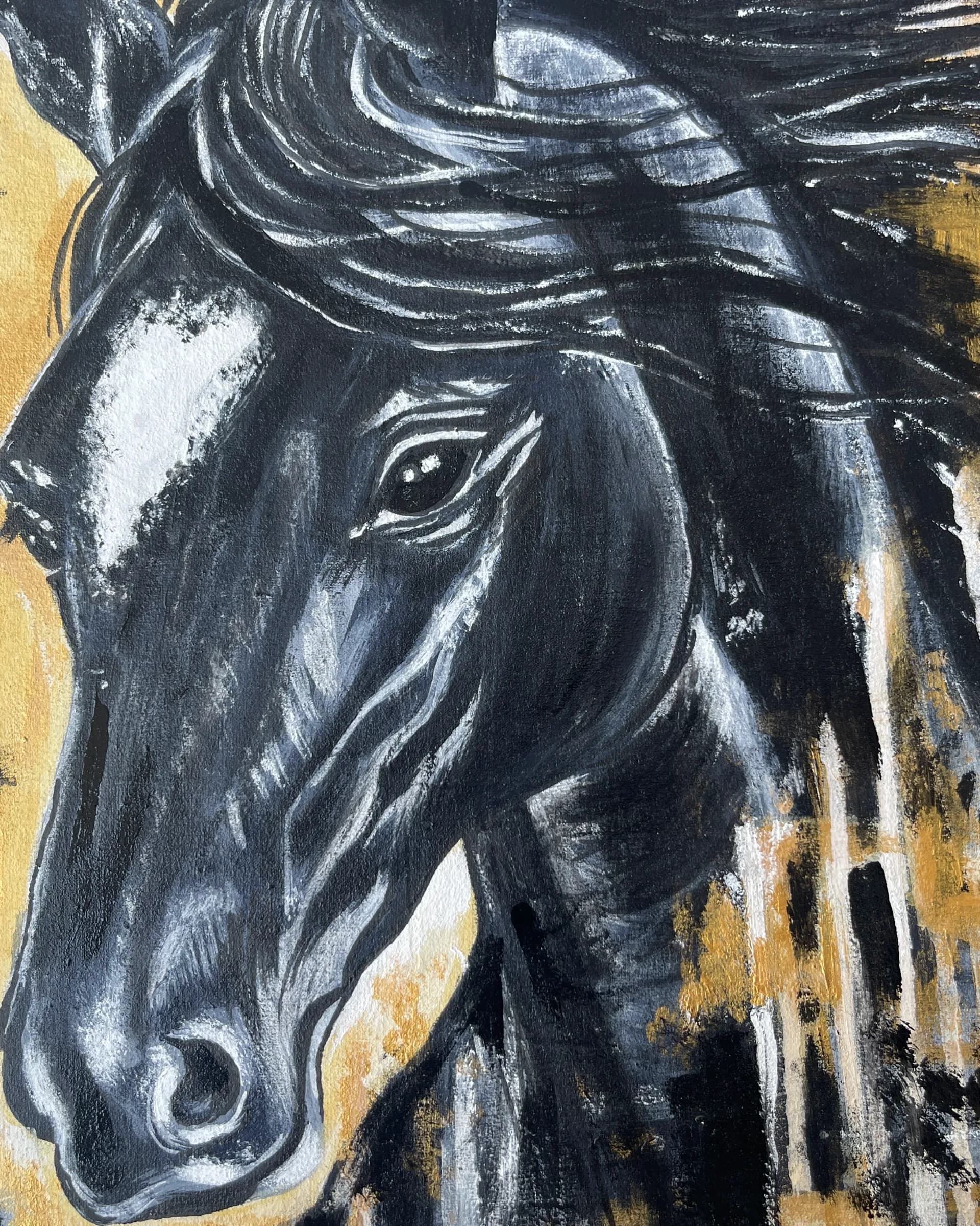 Hand-painted black horse portrait with flowing mane against an abstract gold, black, white, and grey background by Ammama Sketch.