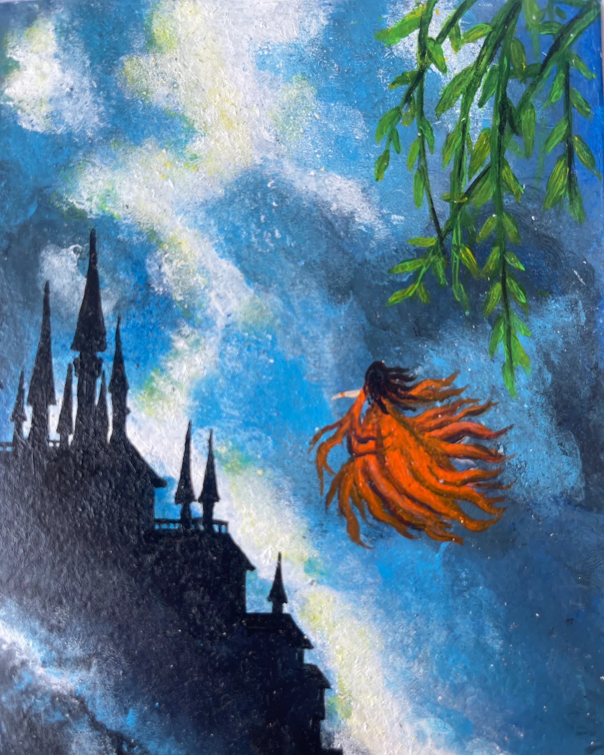 Hand-painted fantasy scene featuring a flowing orange-clad figure flying beside a dark castle under a dramatic blue sky, with green branches in the foreground by Ammama Sketch.
